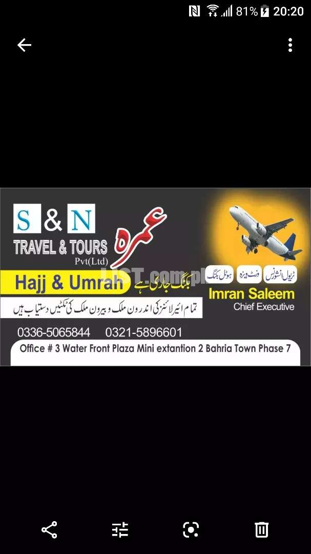 S#N travel & Tour's international pvt Ltd Bahria town rawalpindi ph.7.