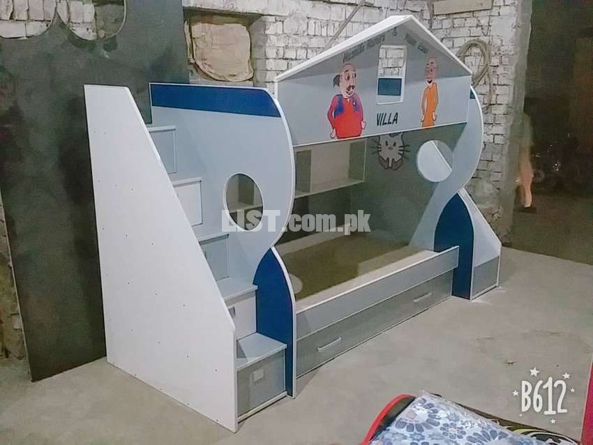 Grey bunk bed with muto patlu painting for kids