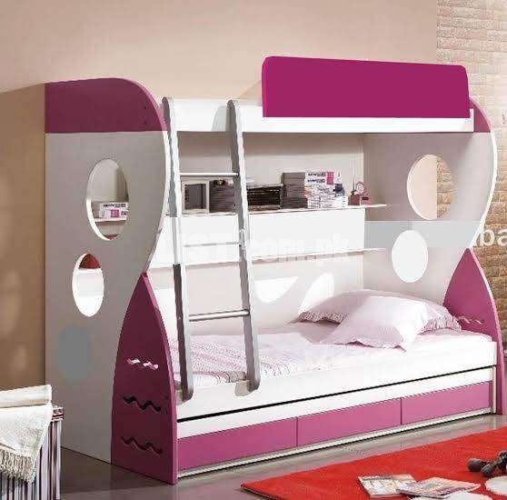 Baby pink bunker bed with steel rod stairs for girls