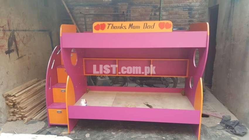 Pink and orange double bunk bed for kids