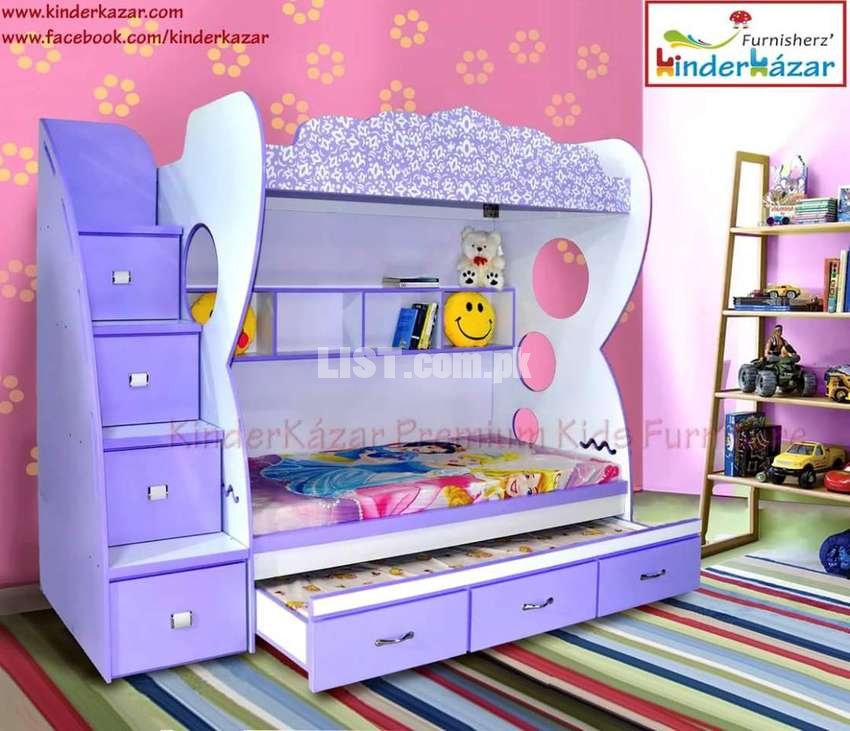 Beautiful purple designing triple bunk bed for girls