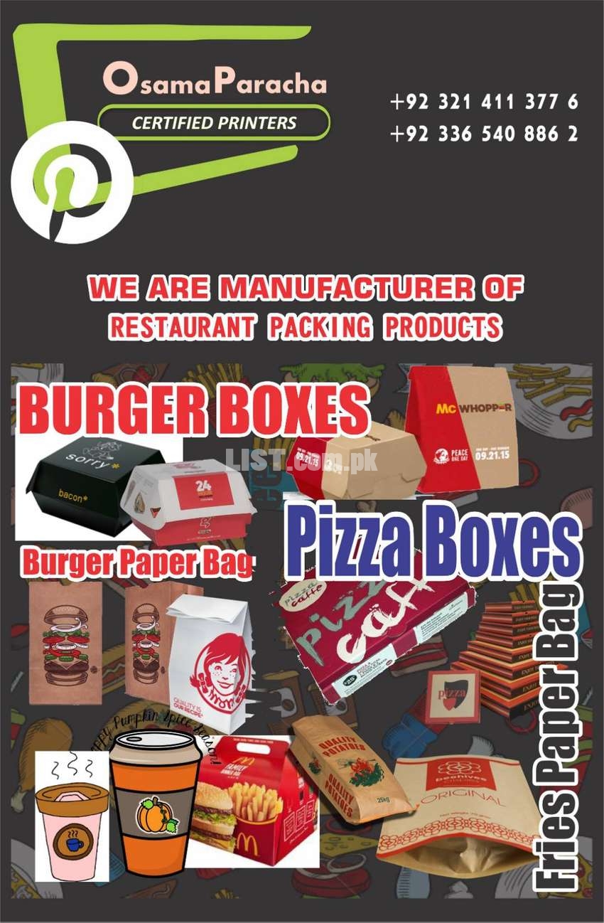Pizza box, Burger Box, fries box, Paper Bag, Butter paper, Cake box