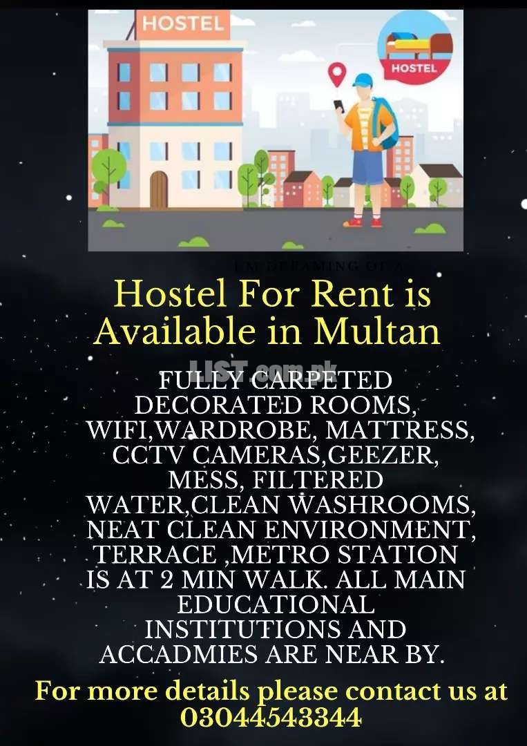 Fully Furnished 32 Seater Boys Hostel is available for Rent in Multan