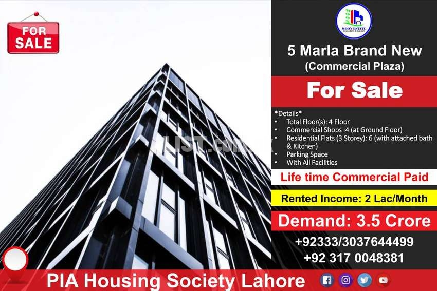 5 Marla Commercial Plaza for Sale in PIA Housing Society, Lahore