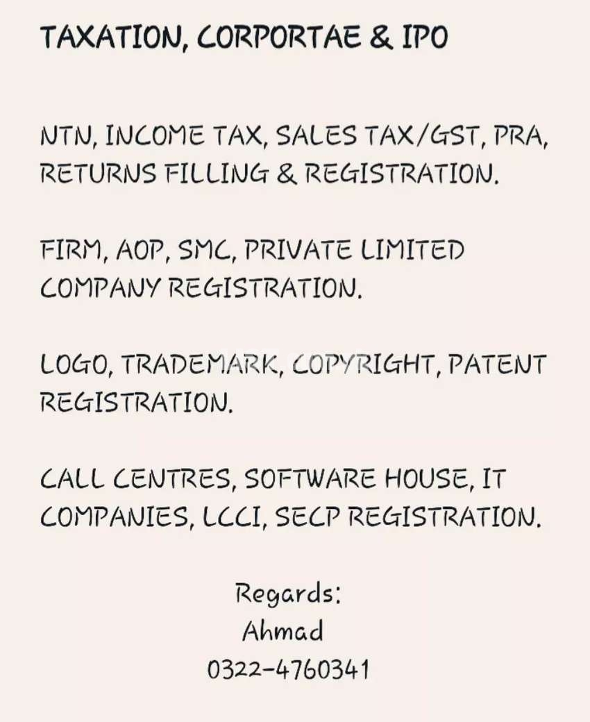 NTN, Income Tax, GST, FBR, SECP, Company, PRA, CHAMBER, TRADEMARK