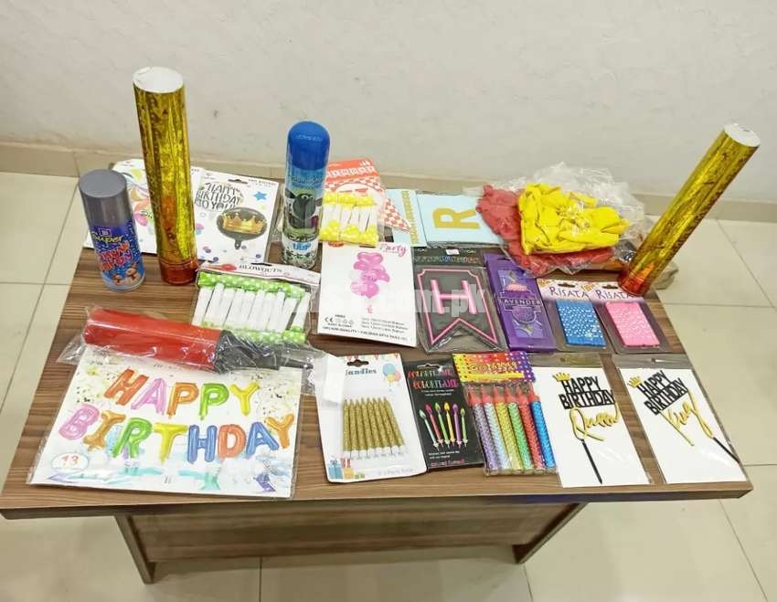 Birthday decorations, Party poppers , Snow spray  and Balloons