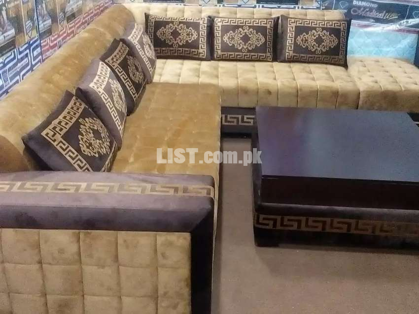 (Online Available) Elegant   corner sofa with Golden and Brown velvet