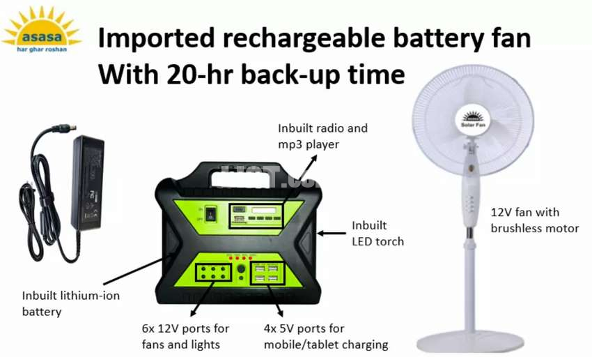 Rechargeable ac/dc 12V battery fan package. 20-hr backup