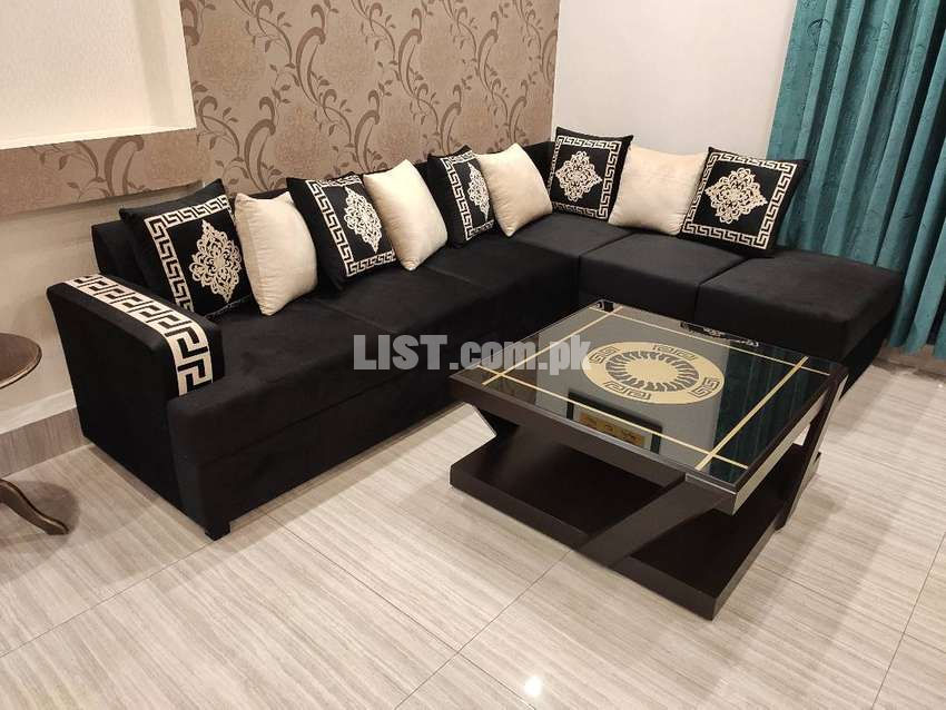 L shape black sofa set