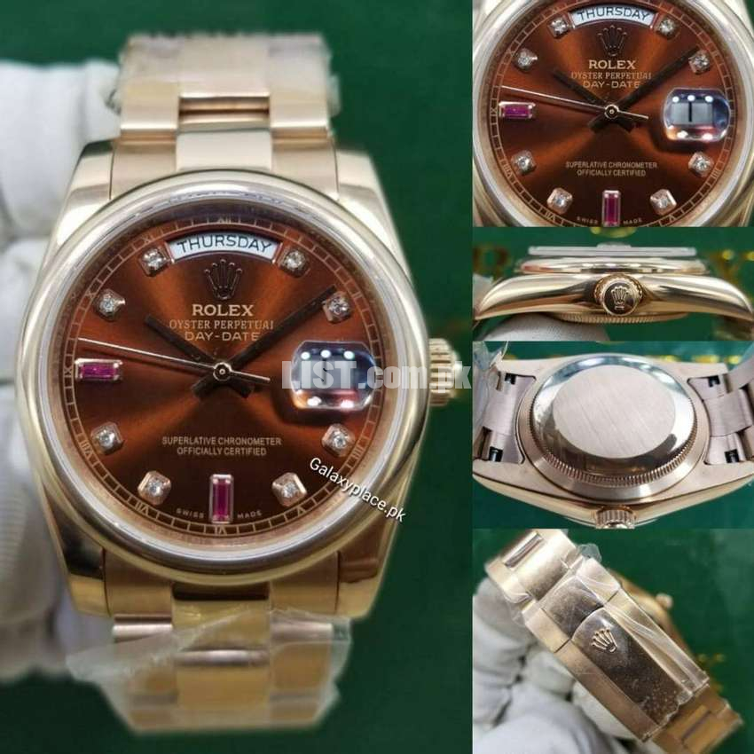 Rolex Day-Date Everose Gold Chocolate Baguette Diamond Dial Watch