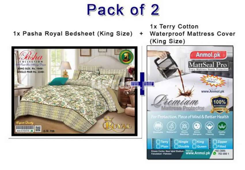 Pack of 4 Royal Bedsheet plus Terry Cotton Waterproof Mattress Cover