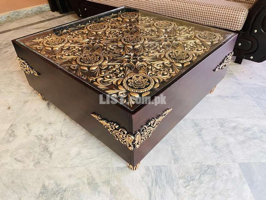 Golden Center Table With Chinyoti Work brand new bed sofa table