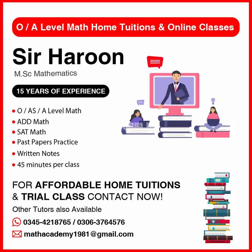 O/A level math home Tuition/Online classes.