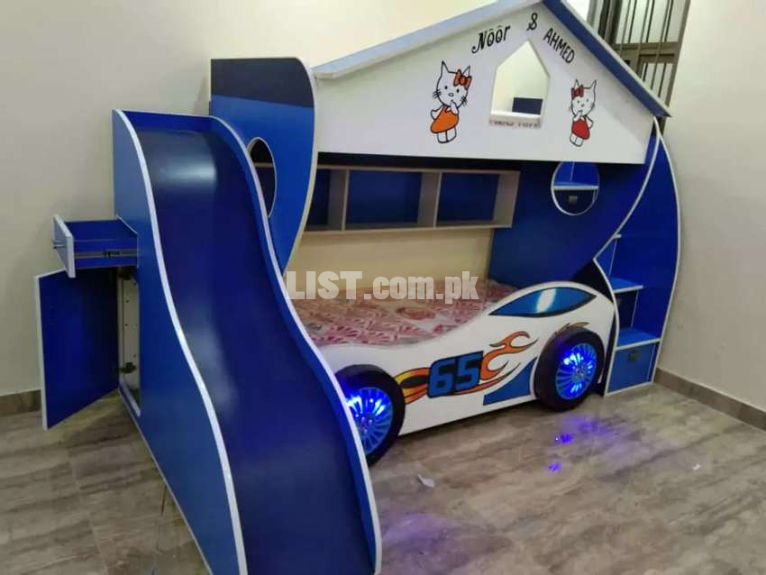 White blue bunker bed with lights