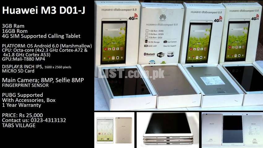 3GB Ram 4G Calling Huawei M3 Tablet 8 Inch box pack 1 year warranty