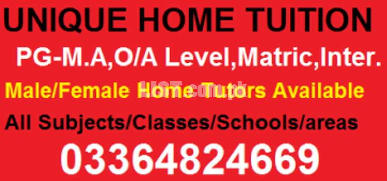Pre/Primary,9th,10th.F.Sc.O/A Level Home Tutors available