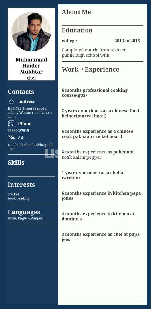 I m chef with above 6 year experience