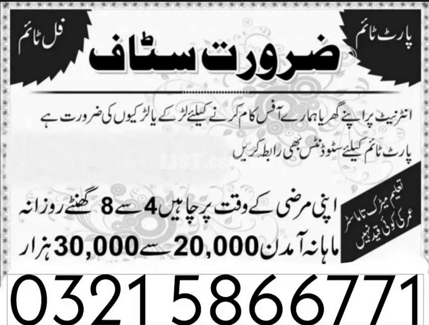 Job vacancies for Lahore ( Full time/Part time/Home base job)