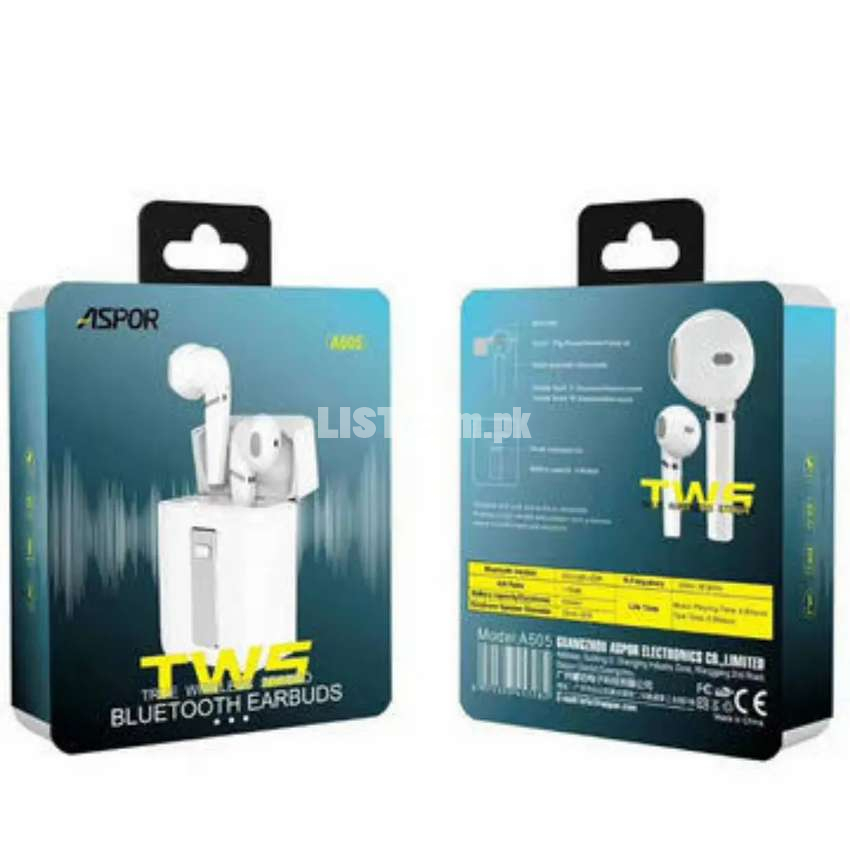 Aspor A605 TWS Bluetooth Earbuds with Microphone - White