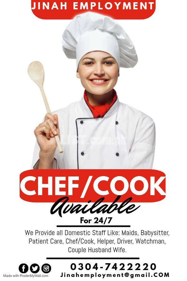 Maid, Chef/Cook available in Lahore