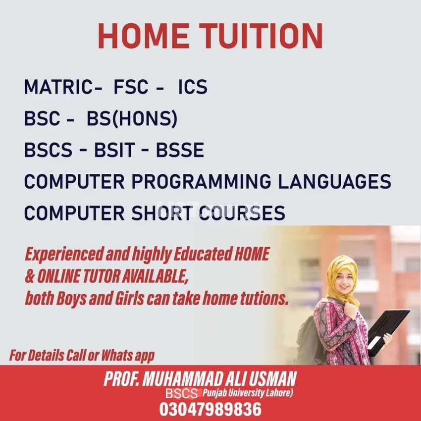 Home Tutor for Matric/FSC/ICS/BSCS and All Programmimg Classes