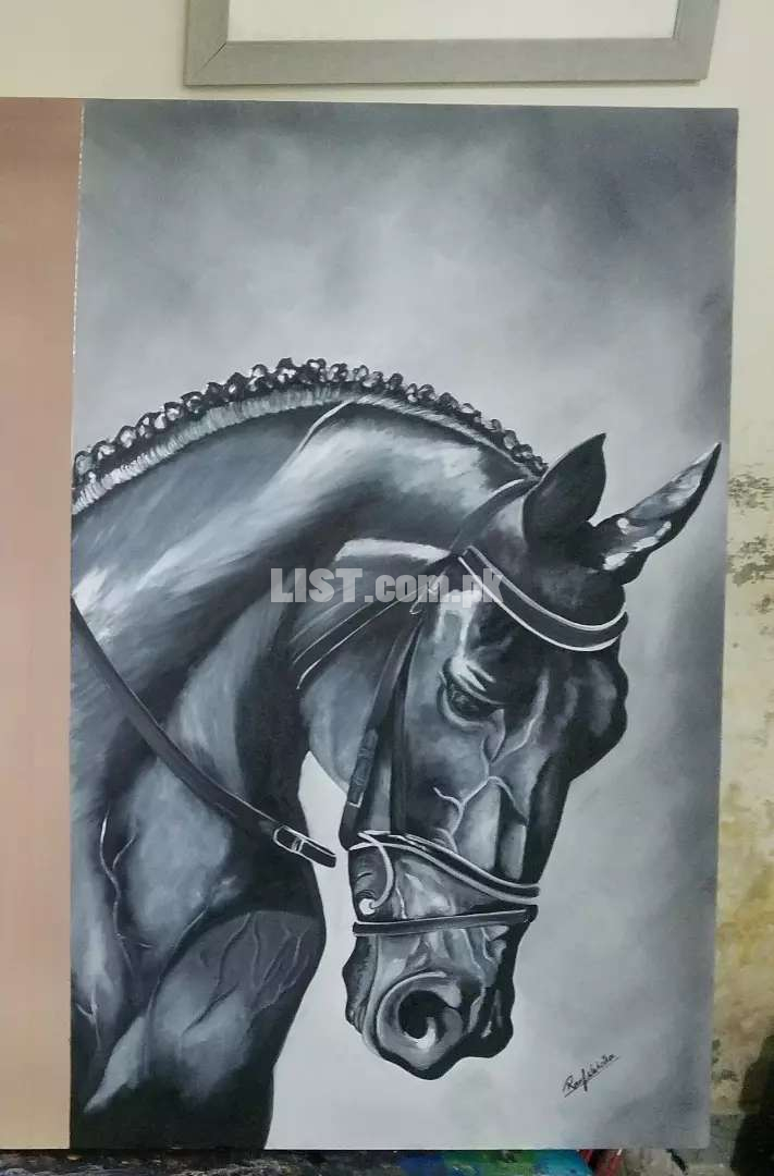 Oil painting black horse