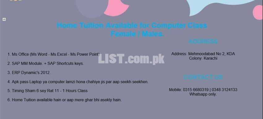 Home Tuition available For Computer Classes