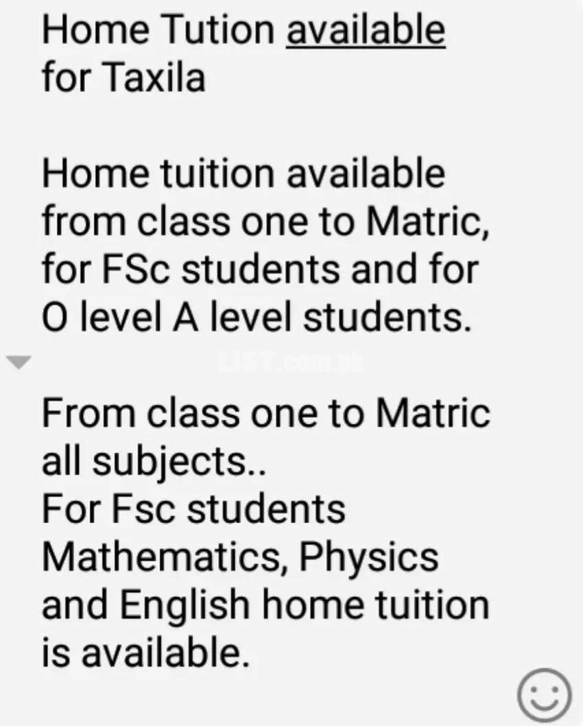 Home Tution available for Taxila