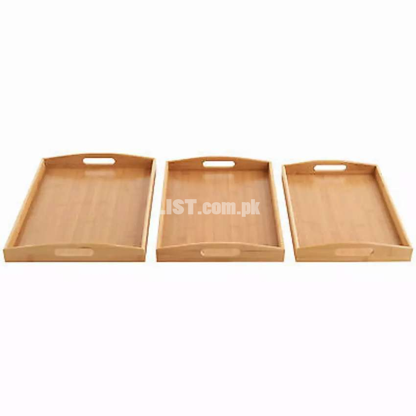 Wooden Serving Tray Set of 3 Natural Bamboo Platters Breakfast Trays