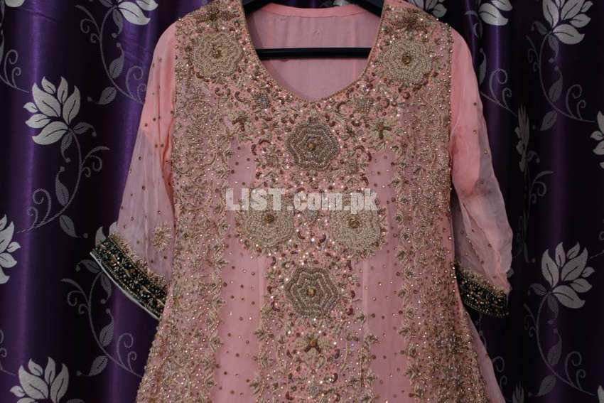 Pure Chiffon embroidery (Front Plus Back)Bridal dress Peach Coloured.