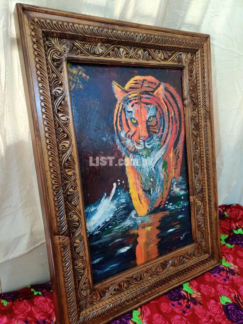 Tiger knife painting with Antique wood frame