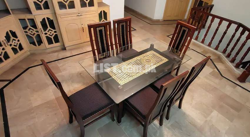 Solit Wood 6 Chairs Dining Table With 12mm Top Glass