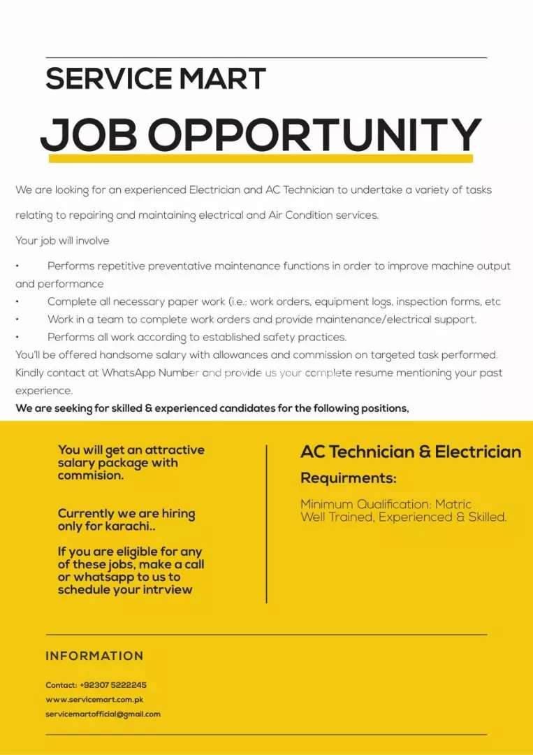 We are hiring AC Technicians & Electricians for Karachi