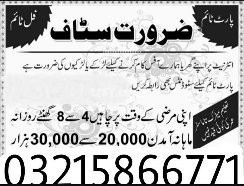 Part time/Full time/Home base Jobs(Office Based Available Just Lahore)