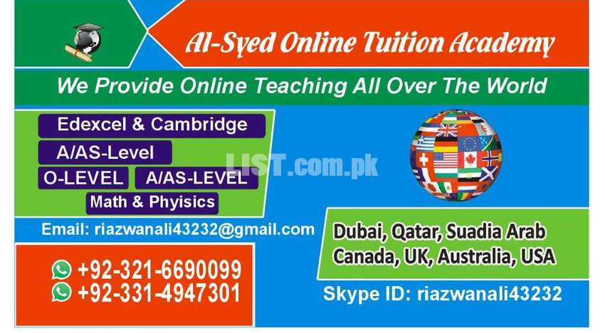 Online Tutors/Tuitions Available for( IGCSE) O levels AS/A levels IB