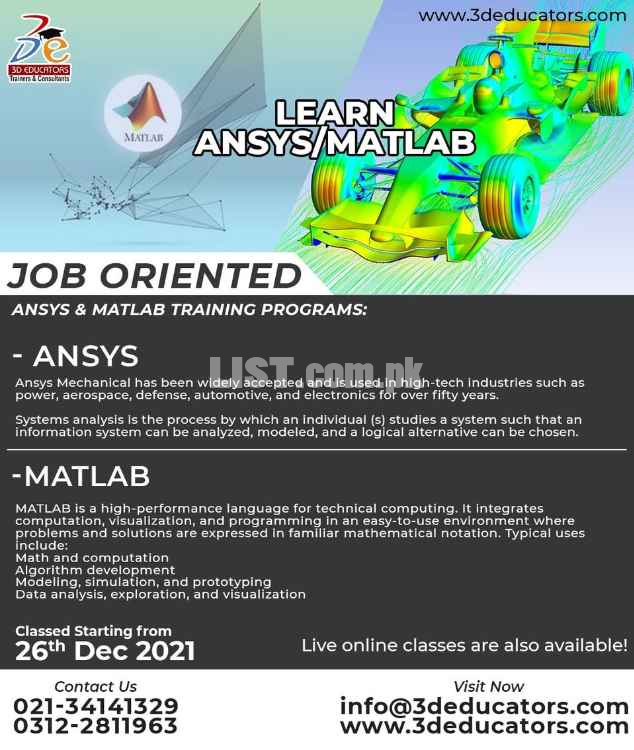 MATLAB Course and AnSYS course in Pakistan is offered by 3D EDUCATORS