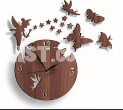 Stylish wooden wall clock / 3D laser Cut with Stars & butterflies