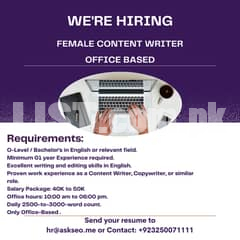 Female Content Writer Office Based (Faisalabad)