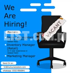 Senior Accountant, Inventory Manager, Marketing Manager