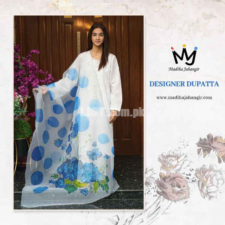 Handpainted Blue Floral Leafy Dupatta - MJ by Madiha Jahangir