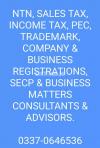 Company, FIRM, NTN, GST, PEC, ISO, TRADEMARK REGISTRATION; TAX RETURNS